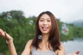 Thai girl smile and happy in the morning time Royalty Free Stock Photo