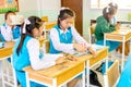 Thai girl students are studying together in their classroom in the school uniform of Wantamaria school. Pranburi, Thailand