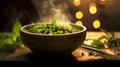 Thai Green Curry bowl, smoke, textured, AI generated