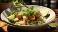 Thai Green Curry with Noodles and Crispy Breaded Tofu Served in a White Bowl on Blurry Background