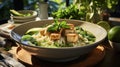 Thai Green Curry with Noodles and Crispy Breaded Tofu Served in a White Bowl on Blurry Background