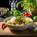 Thai Green Curry with Rice and Fresh Herbs, AI Generated