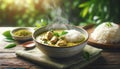 Thai Green Curry with Rice on Wooden Table, AI Generated