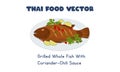 Thai Grilled whole fish with Coriander - Chilli Sauce flat vector design illustration, clipart cartoon. Asian food. Thai cuisine