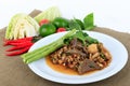 Thai ground pork salad, Spicy minced pork and pork liver salad. Royalty Free Stock Photo