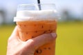 Thai Iced coffee tea with milk in asian woman hand holding close up background Royalty Free Stock Photo