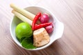 Thai ingredients, galangal, lime and chili Royalty Free Stock Photo