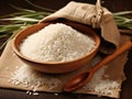 Thai Jasmine rice in burlap sack bag and grain on white background. Created with Generative AI technology. Royalty Free Stock Photo