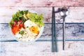 Thai jasmine rice topped soft boil eggs and fried herb. Royalty Free Stock Photo