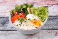 Thai jasmine rice topped soft boil eggs and fried herb. Royalty Free Stock Photo