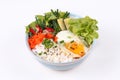 Thai jasmine rice topped soft boil eggs and fried herb. Royalty Free Stock Photo