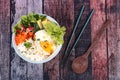 Thai jasmine rice topped soft boil eggs and fried herb. Royalty Free Stock Photo