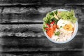 Thai jasmine rice topped soft boil eggs and fried herb. Royalty Free Stock Photo