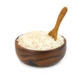 Thai jasmine rice in wooden bowl and spoon isolated on white background Royalty Free Stock Photo