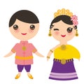 Thai Kawaii boy and girl in national costume and hat. Cartoon children in traditional Thailand dress isolated on white background.