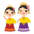 Thai Kawaii girl in national costume. Cartoon children in traditional Thailand dress isolated on white background. Vector
