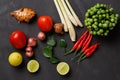 Thai kitchen. Various herbs, spices  and Ingredients on dark background. Top view with copy space Royalty Free Stock Photo