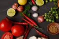 Thai kitchen. Various herbs, spices  and Ingredients on dark background. Top view with copy space Royalty Free Stock Photo