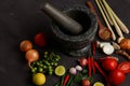 Thai kitchen. Various herbs, spices  and Ingredients on dark background. Top view with copy space Royalty Free Stock Photo