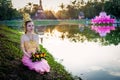 Thai lady with floating basket for Loi Krathong festival,Sukhothai Royalty Free Stock Photo