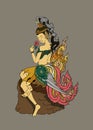 Thai lady tattoo.Thai pattern and Ancient art Young lady with flower.beautiful Thai girl doodle art and coloring book