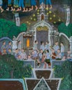 Ancient Thai Lanna style mural painting of Buddhist festival