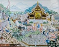 Thai Lanna mural painting of Thai people life in the past on temple wall in Chiang Mai, Thailand