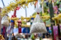 Thai Lanna traditional rice offering to the holy spirit on the Buddhist day at a local temple in Chinag Mai, Thailand