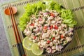 Thai Larb Gai salad made with ground chicken, red onion and fresh herbs closeup on the plate. Horizontal top view