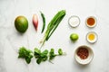 Thai mango salad ingredients. Salad from mango with peanuts, chili and fish sauce, shallot and lime. Sauce from fish Royalty Free Stock Photo