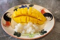 Thai mango and sweets sticky rice with coconut milk serve on vintage retro dish for travelers people eating at restaurant cafe