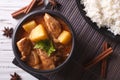 Thai massaman curry with chicken and rice closeup. horizontal to