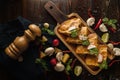 Thai and mexican fusion food background of spicy chicken and mushroom tomyum quesadillas on wooden plate in dark tone, selective