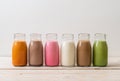 Thai milk tea, matcha green tea latte, coffee, chocolate milk, pink milk and fresh milk in bottle Royalty Free Stock Photo