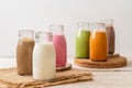 Thai milk tea, matcha green tea latte, coffee, chocolate milk, pink milk and fresh milk in bottle Royalty Free Stock Photo