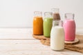 Thai milk tea, matcha green tea latte, coffee, chocolate milk, pink milk and fresh milk in bottle Royalty Free Stock Photo