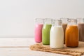 Thai milk tea, matcha green tea latte, coffee, chocolate milk, pink milk and fresh milk in bottle Royalty Free Stock Photo