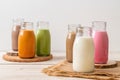 Thai milk tea, matcha green tea latte, coffee, chocolate milk, pink milk and fresh milk in bottle Royalty Free Stock Photo