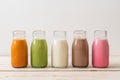 Thai milk tea, matcha green tea latte, coffee, chocolate milk, pink milk and fresh milk in bottle Royalty Free Stock Photo