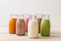 Thai milk tea, matcha green tea latte, coffee, chocolate milk, pink milk and fresh milk in bottle Royalty Free Stock Photo