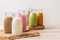 Thai milk tea, matcha green tea latte, coffee, chocolate milk, pink milk and fresh milk in bottle Royalty Free Stock Photo