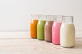 Thai milk tea, matcha green tea latte, coffee, chocolate milk, pink milk and fresh milk in bottle Royalty Free Stock Photo