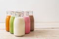 Thai milk tea, matcha green tea latte, coffee, chocolate milk, pink milk and fresh milk in bottle Royalty Free Stock Photo