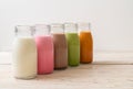 Thai milk tea, matcha green tea latte, coffee, chocolate milk, pink milk and fresh milk in bottle Royalty Free Stock Photo