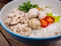 Thai minced chicken noodle with rice vermicelli and chicken balls