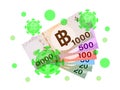 Thai money banknote contaminated with viruses, virus or bacteria infection from paper money concept, virus on 1000 baht banknote
