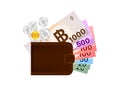 Thai money and wallet isolated on white, salary or savings concept, stack banknote money thai baht, currency THB thai, paper money
