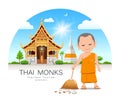 Thai monk holding broom is leaf sweep, Thailand temple and pagoda