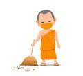 Thai monk put face mask virus protection, holding broom is leaf sweep, design isolated