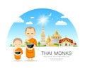 Thai Monks bowl and thai novice, of Buddhism thai temple pagodas and blue background